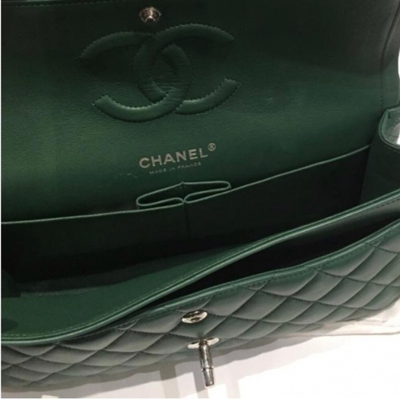 100AUTH CHANEL Green Double Silver Chain Flap Bag - Picture 4 of 10